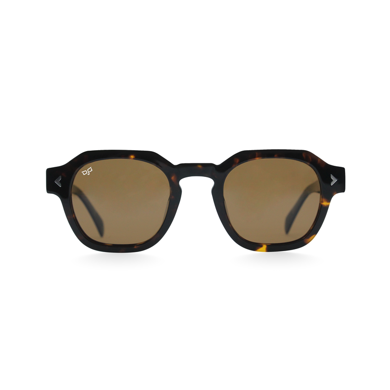 OJO sunglasses round handmade shell brown frame and clear green temples with brown polarised lenses image number null