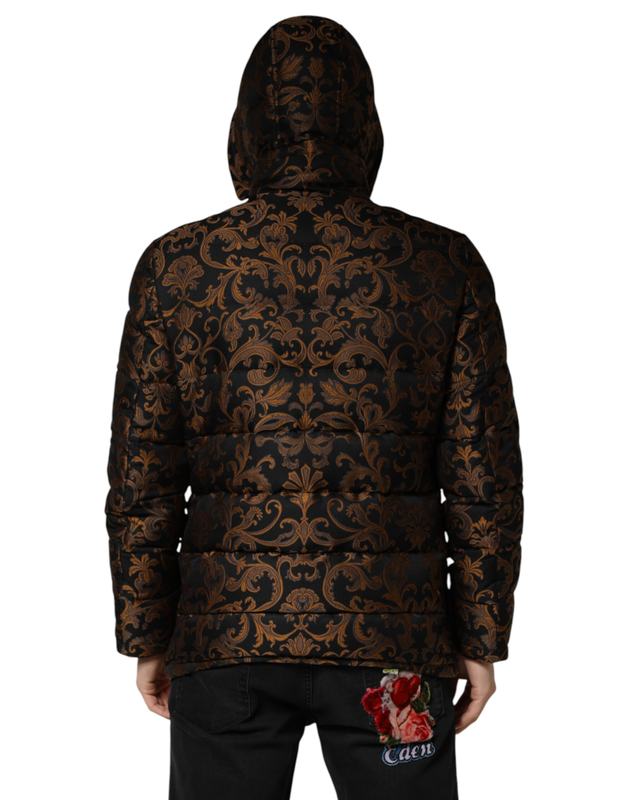 Black floral jacquard quilted hooded jacket-null