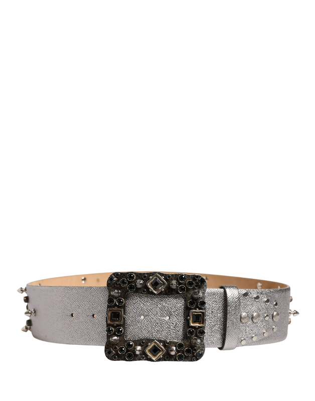 Silver leather crystal metal buckle belt-null
