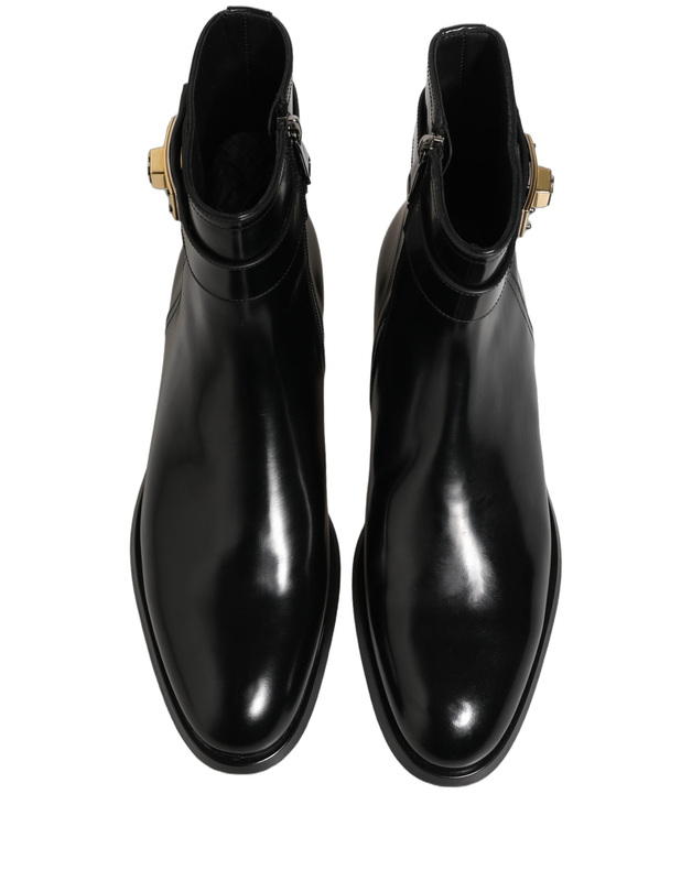 Black leather logo buckle mid calf boots shoes-null
