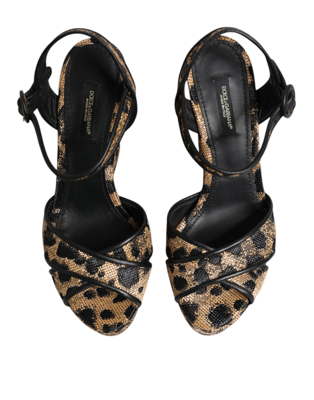 Brown leopard wedges ankle strap sandals shoes-null