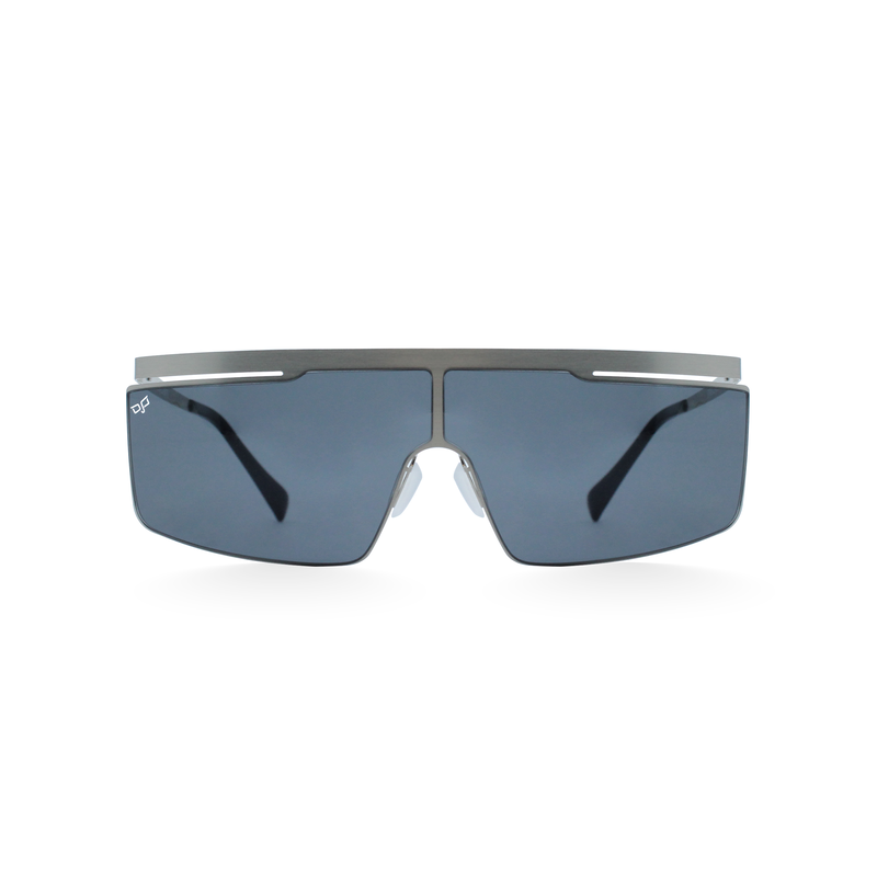 OJO sunglasses active shield silver frame and temples with black end tips and grey nylon lenses image number null
