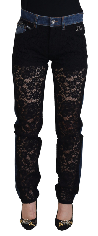 Black floral lace front skinny denim jeans-null