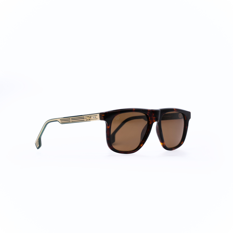 OJO sunglasses square handmade shell brown frame and blue gold temples with brown polarised lenses-null