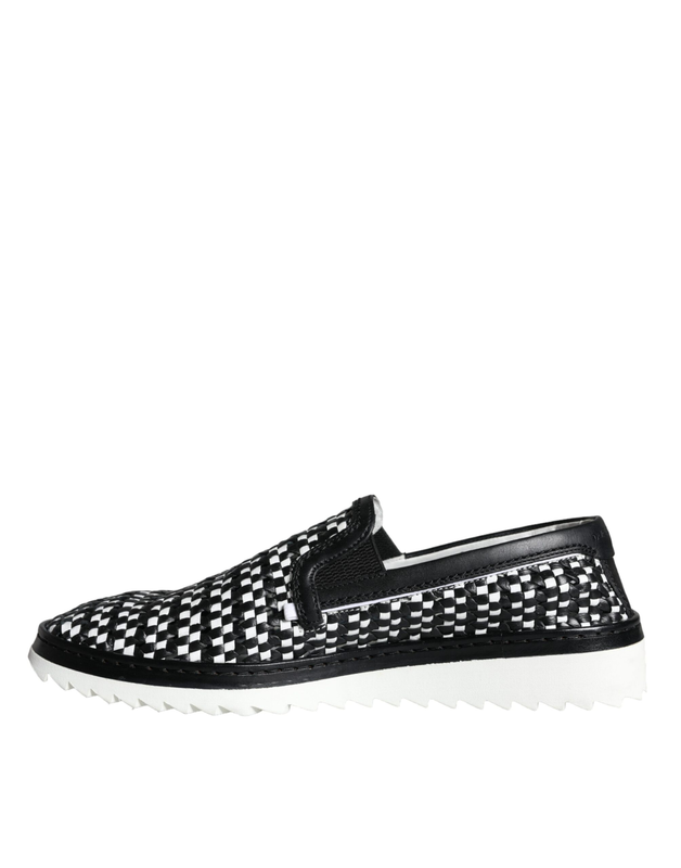 Black white weaved slip on men loafers shoes-null