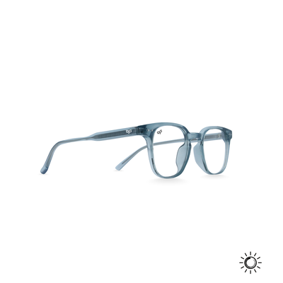 OJO sunglasses photochromic square blue clear to blue frame and temples with clear to grey ph lenses