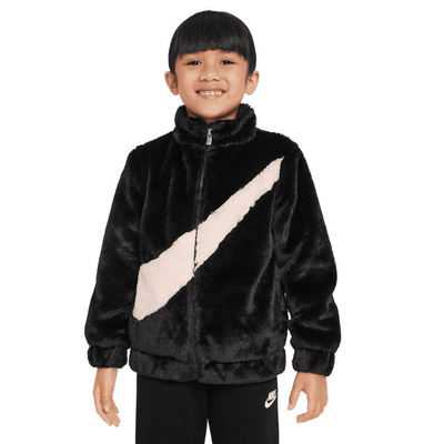 Nike big swoosh faux fur girls jacket, Black / White, medium