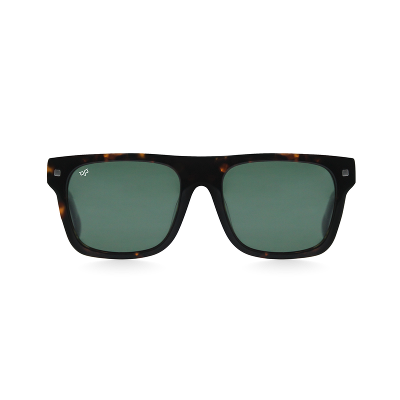 OJO sunglasses shield handmade shell brown frame and clear green temples with green polarised lenses image number null