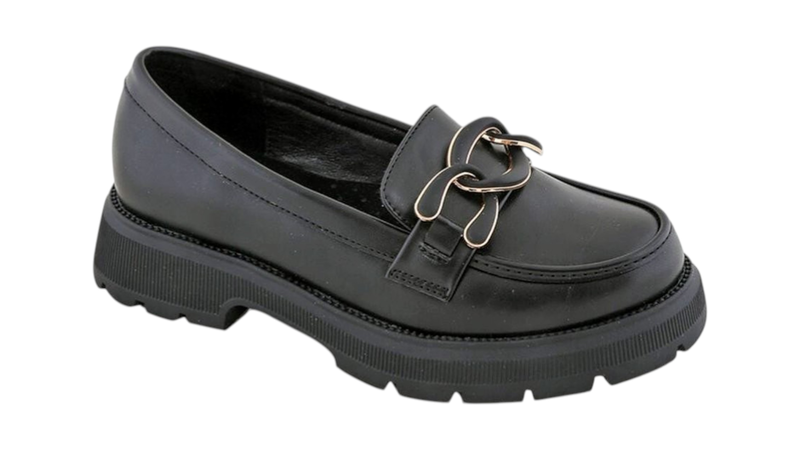 Black girls moccasin with gold and black link detail-null