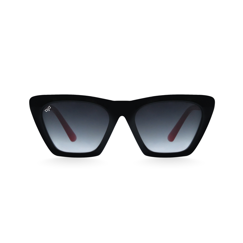 OJO sunglasses classic cat eye black frame and red clear temples with grey lenses rx-null