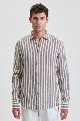Gianni lupo striped linen shirt, Coffeee, medium