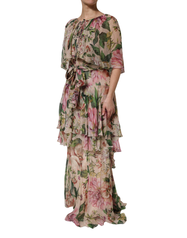 Multicolor floral silk layered maxi dress-null
