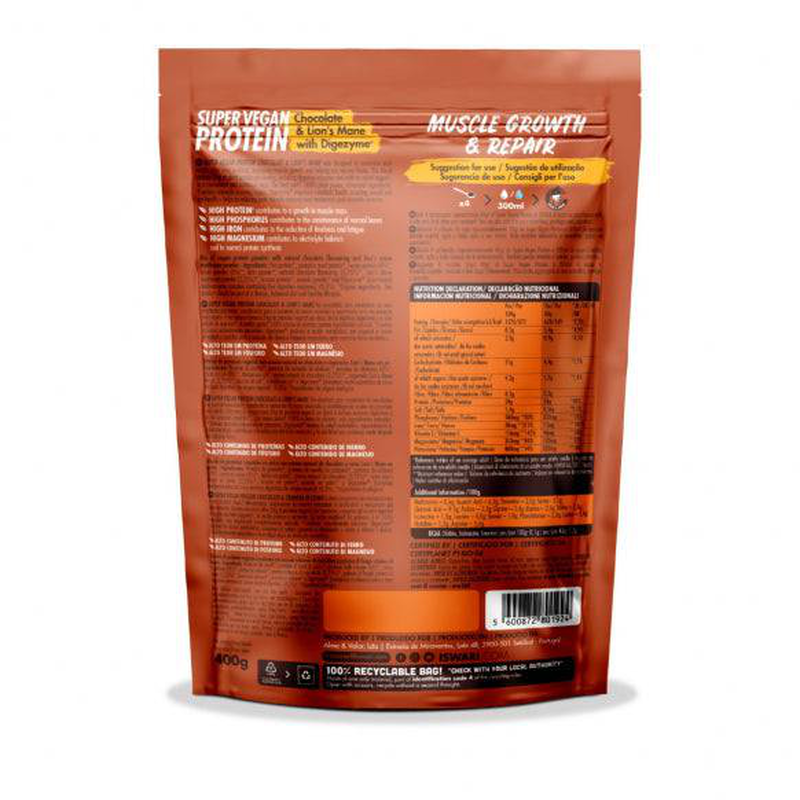 Iswari, bio super vegan protein, chocolate & lions mane with digenzyme, gluten free, 400g, , medium-null