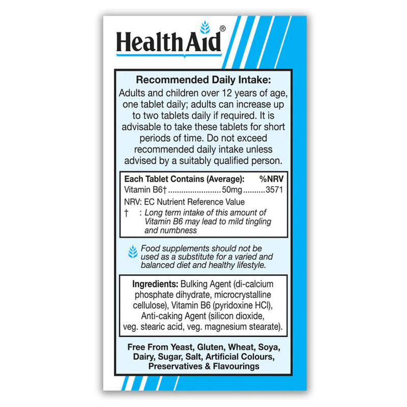 Health aid vitamin b6 (pyridoxine) 50mg x 100 veg tablets - support for healthy metabolism, heart, nervous & immune system, , medium image number null