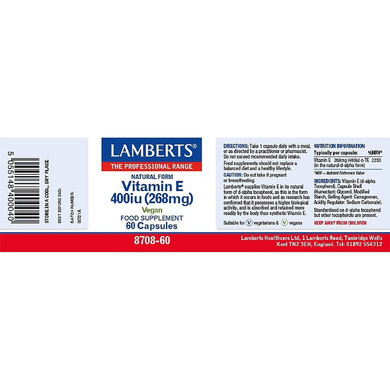 Lamberts vitamin e 400iu x 60 capsule - natural form vitamin e 268mg, , medium-null