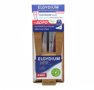 Elgydium medium toothbrushes 2pcs + elgydium eco friendly dental floss free, , medium