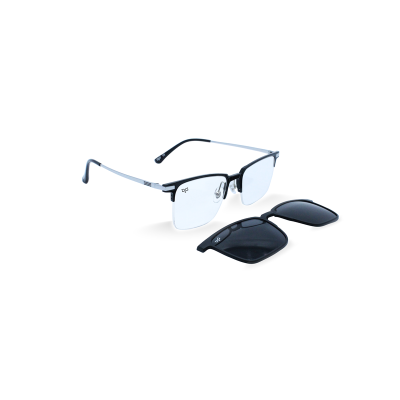OJO personal style square ultem titanium black frame and silver temples and d. L. With p. Clip on, , medium-null