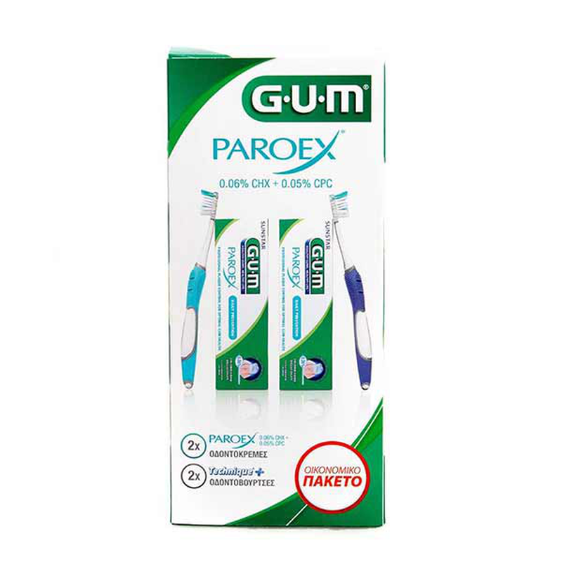Gum set paroex 0.06% &omicron;&delta;&omicron;&nu;&tau;ό&pi;&alpha;&sigma;&tau;&alpha; &kappa;&alpha;&theta;&eta;&mu;&epsilon;&rho;&iota;&nu;ή&sigmaf; &chi;&rho;ή&sigma;&eta;&sigmaf; 75 ml x 2 & &omicron;&delta;&omicron;&nu;&tau;ό&beta;&omicron;&upsilon;&rho;&tau;&sigma;&alpha; gum technique+ compact soft x 2, , medium-null