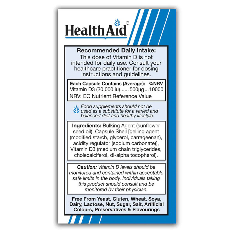 Health aid vitamin d3 20,000iu x 30 veg capsules - for strong & healthy bones, , medium image number null