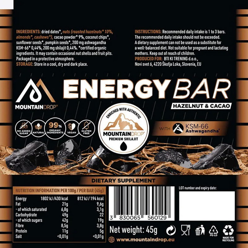 Product image: Mountaindrop, sugar free energy bar hazlenut cacao with ashwagandha & shilajit, 45g, , medium-null
