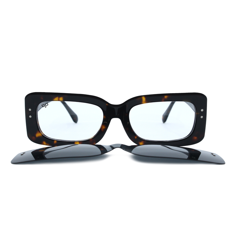 OJO personal style square handmade shell brown frame and temples and demo lenses with p. Clip on, , medium image number null