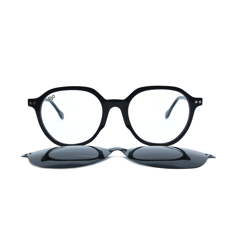 OJO personal style round handmade black frame and temples and demo lenses with polarised clip on, , medium image number null