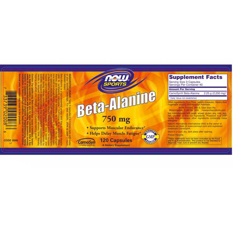 Now foods, sports, beta-alanine, endurance, 750 mg, 120 veg capsules, , medium-null