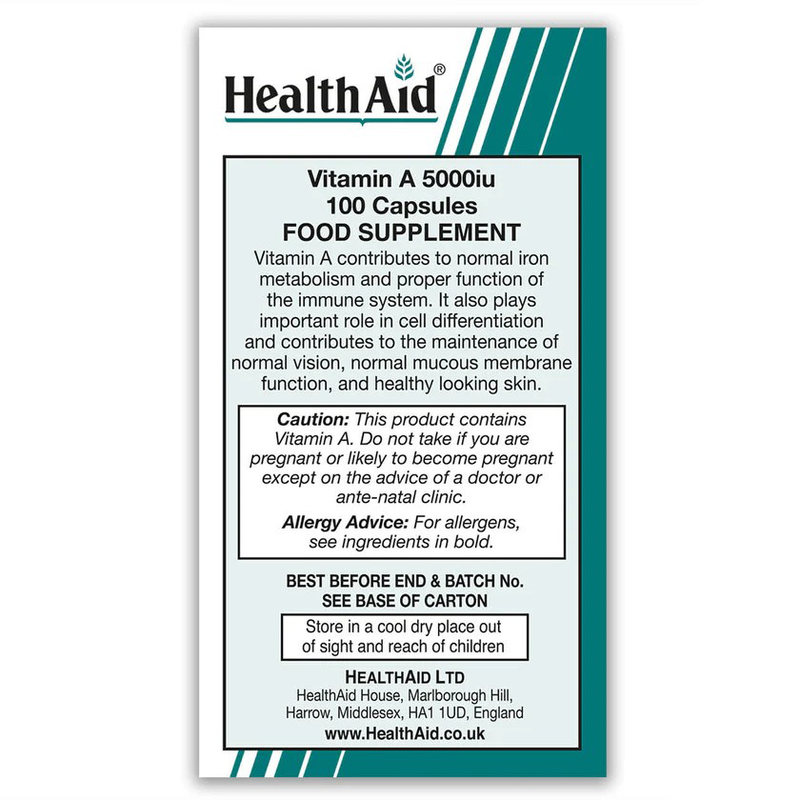 Product image: Health aid vitamin a 5000iu x 100 capsule - maintenance of normal vision, skin & mucous membranes, , medium-null