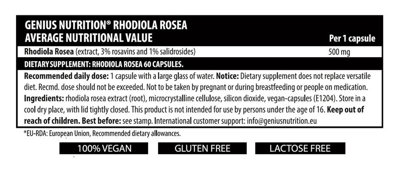 Rhodiola rosea 60 caps/60 serv, Genius nutrition, , medium-null