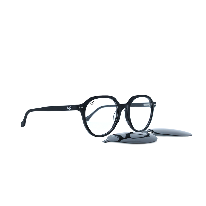 OJO personal style round handmade black frame and temples and demo lenses with polarised clip on, , medium image number null