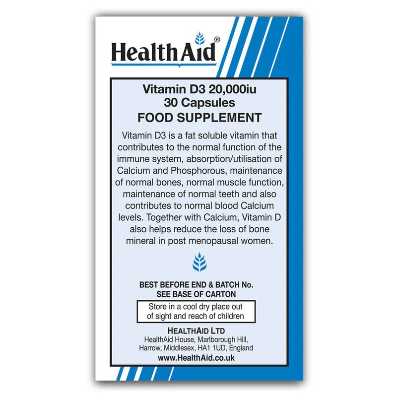 Health aid vitamin d3 20,000iu x 30 veg capsules - for strong & healthy bones, , medium image number null