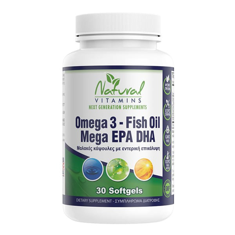 Natural vitamins | omega 3 fish oil mega epa/dha &sigma;&upsilon;&mu;&pi;&lambda;ή&rho;&omega;&mu;&alpha; &delta;&iota;&alpha;&tau;&rho;&omicron;&phi;ή&sigmaf; &mu;&epsilon; &omega;&mu;έ&gamma;&alpha; 3 &lambda;&iota;&pi;&alpha;&rho;ά | 30softgels, , medium-null