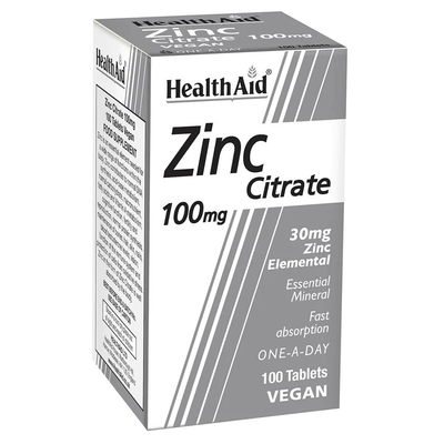 Health aid zinc citrate 100mg x 100 veg tablets, , medium