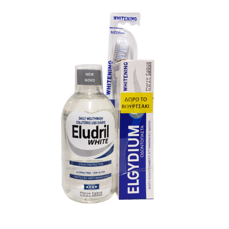 Eludril dental care set &mu;&epsilon; white &sigma;&tau;&omicron;&mu;&alpha;&tau;&iota;&kappa;ό &delta;&iota;ά&lambda;&upsilon;&mu;&alpha; &gamma;&iota;&alpha; &gamma;&epsilon;&rho;ά & &lambda;&epsilon;&upsilon;&kappa;ά &delta;ό&nu;&tau;&iota;&alpha; 500ml & elgydium whitening &lambda;&epsilon;&upsilon;&kappa;&alpha;&nu;&tau;&iota;&kappa;ή &omicron;&delta;&omicron;&nu;&tau;ό&pi;&alpha;&sigma;&tau;&alpha; 75ml & &delta;ώ&rho;&omicron; elgydium whitening &lambda;&epsilon;&upsilon;&kappa;&alpha;&nu;&tau;&iota;&kappa;ή &omicron;&delta;&omicron;&nu;&tau;ό&beta;&omicron;&upsilon;&rho;&tau;&sigma;&alpha;, , medium-null