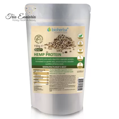 Natural hemp protein, without heat treatment, 150 g, bioherba