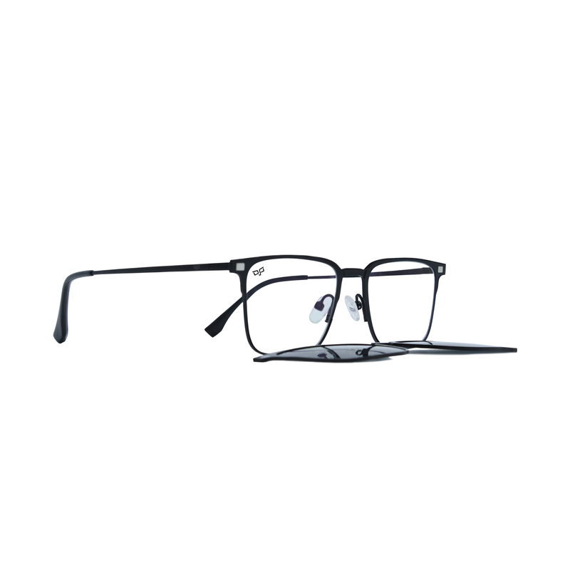 Product image: OJO personal style square black frame and temples and demo lenses with polarised clip on, , medium-null