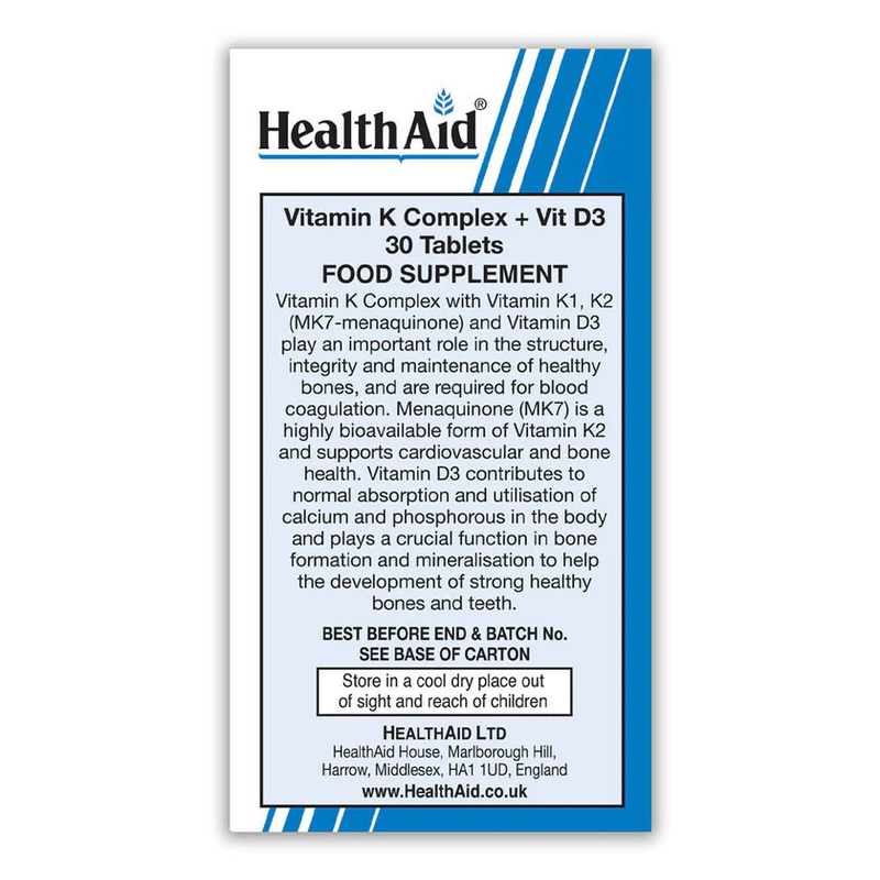 Product image: Health aid vitamin k complex + vitamin d3 x 30 tablets - supports stronger bones and teeth, , medium-null