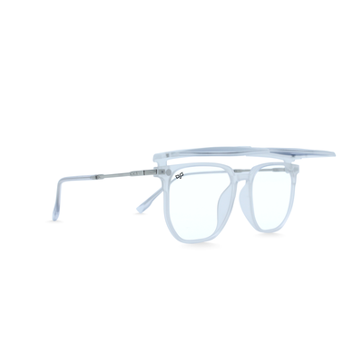 OJO personal style square clear frame with metal silver temples and demo lenses and p. G. Clip