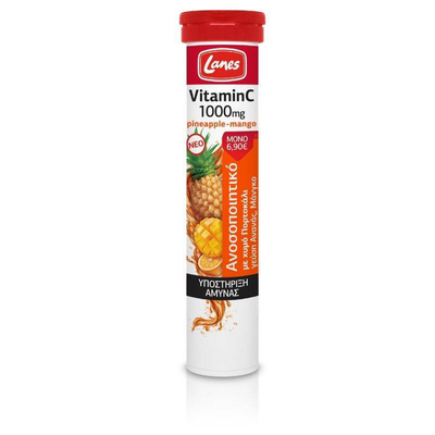 Lanes vitamin c 1000mg+ orange juice, strenghtens immune system& prevents cold& flu. With pineapple& mango flavor 20 effervescent tablets, , medium