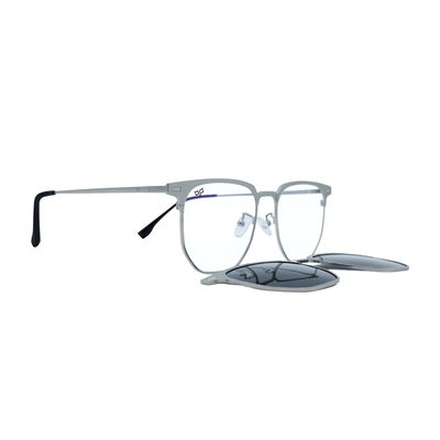 OJO personal style square silver frame and temples and demo lenses with polarised clip on
