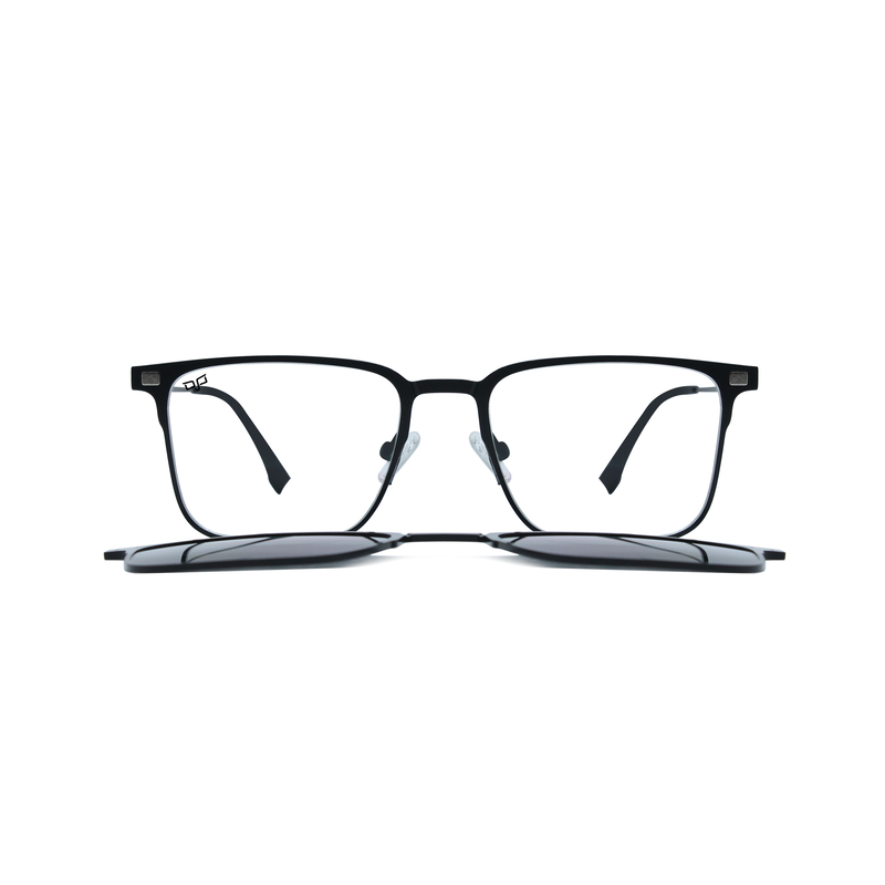 Product image: OJO personal style square black frame and temples and demo lenses with polarised clip on, , medium-null