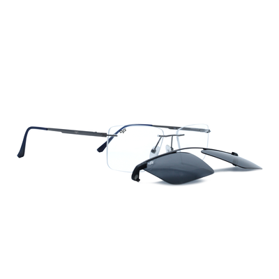 OJO personal style square silver blue frame and temples and demo lenses with polarised clip on, , medium