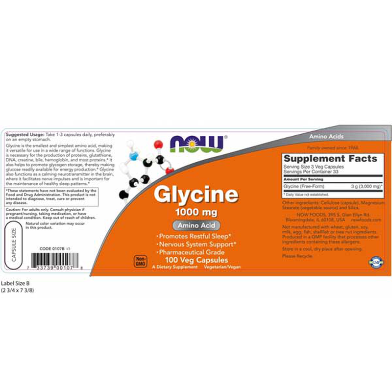 Now glycine 1000mg 100 veg capsules, , medium-null