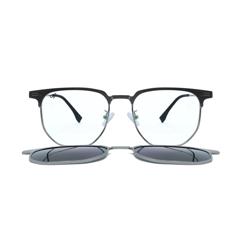 OJO personal style square silver frame and temples and demo lenses with polarised clip on, , medium image number null