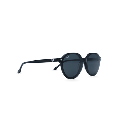 OJO personal style round handmade black frame and temples and demo lenses with polarised clip on