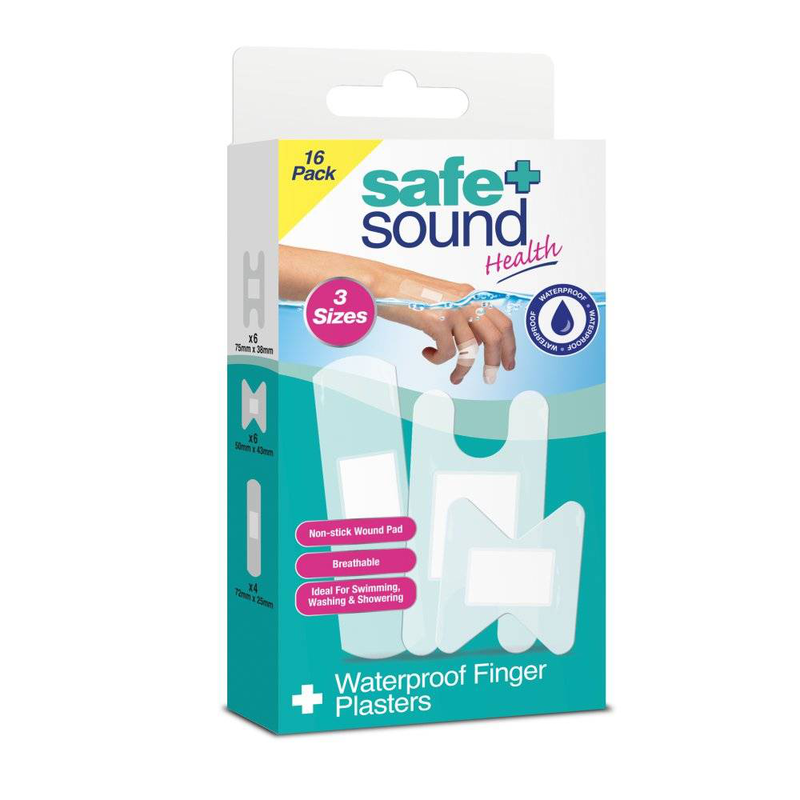 Safe + sound waterproof finger plasters x16, , medium-null