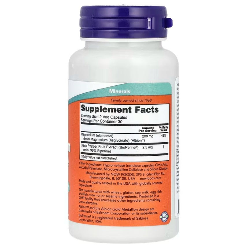 Now foods, magnesium glycinate with bioperine®, 60 veg capsules, , medium-null