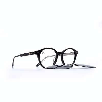 OJO personal style round handmade snine black frame and temples and demo lenses with p. Clip on, , medium