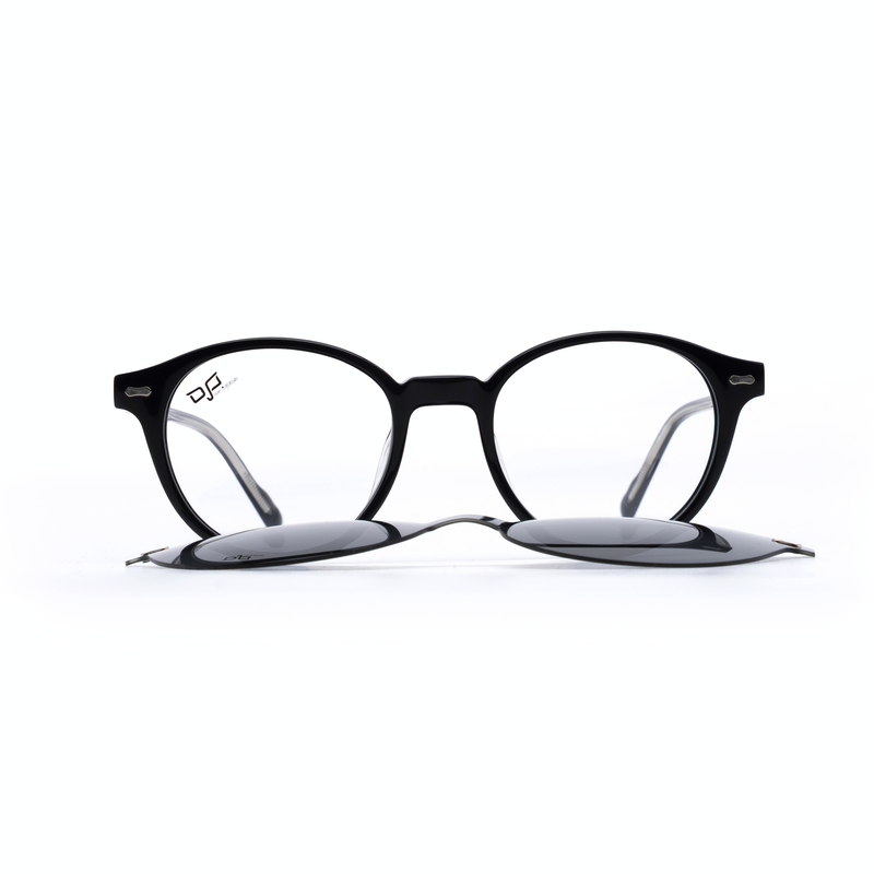 OJO personal style round handmade snine black frame and temples and demo lenses with p. Clip on, , medium-null