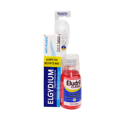 Eludril dental care set &mu;&epsilon; classic &delta;&iota;ά&lambda;&upsilon;&mu;&alpha; &gamma;&iota;&alpha; &sigma;&tau;&omicron;&mu;&alpha;&tau;&iota;&kappa;έ&sigmaf; &pi;&lambda;ύ&sigma;&epsilon;&iota;&sigmaf; &mu;&epsilon; &delta;&rho;&omicron;&sigma;&epsilon;&rho;ή &gamma;&epsilon;ύ&sigma;&eta; 200ml & elgydium antiplaque &omicron;&delta;&omicron;&nu;&tau;ό&pi;&alpha;&sigma;&tau;&alpha; &kappa;&alpha;&tau;ά &tau;&eta;&sigmaf; &pi;&lambda;ά&kappa;&alpha;&sigmaf; 75ml & &delta;ώ&rho;&omicron; elgydium clinic &omicron;&delta;&omicron;&nu;&tau;ό&beta;&omicron;&upsilon;&rho;&tau;&sigma;&alpha;, , medium